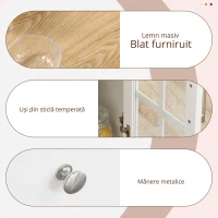 HOMCOM Cărucior de bucătărie cu roți Insulă de bucătărie cu 2 sertare 3 uși din sticlă securizată suport prosop 124,5x39,5x90 cm Alb(m-4)