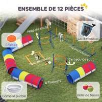 PawHut Équipement d'Agilité pour Chien 12 Pièces, 4 Tunnels, Sauts Ajustables, Anneau, Slaloms, 357x65x68cm, Multicolore(m-4)