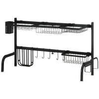 HOMCOM Space Saving 2 Tier Adjustable Dish Drainer Over The Sink Dish Drying Rack, Black(m-10)