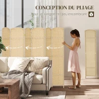HOMCOM Paravent interieur en bois 6 panneaux 240 x 170 cm séparateur de pièce pliable pour salon, chambre à coucher, naturel(m-5)