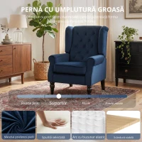 HOMCOM Fotoliu de living capitonat cu șezut lat, picioare din lemn, stil clasic, confort sporit, 74x86x102cm, albastru închis(m-5)