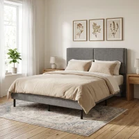 HOMCOM Cadre de Lit 140 x 190 cm avec Sommier et Tête Réglable, Lit Double Rembourré en Lin, Rangement au-dessous, Gris(m-15)