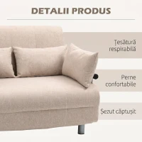 HOMCOM Canapea Extensibilă 2 Locuri, Canapea Tip Pat Modernă cu 4 Perne Incluse, Cadru din Oțel și Tapițerie Textilă, Crem(m-17)