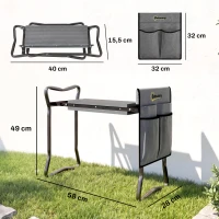 Outsunny Tabouret de Jardin Pliable 2 en 1, Coussin en Mousse EVA et 4 Poches à Outils Amovible, Charge 150kg, 58x28x49cm, Gris(m-3)