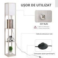 HOMCOM Lampa de Podea cu 3 Polite Integrate Cuplare E27 Putere 40W Stejar(m-4)