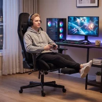 HOMCOM Scaun Gaming Ergonomic cu Masaj și Pernă Lombară Încălzită, Fotoliu Gaming Înclinat din In, Brațe 4D, Negru(m-5)