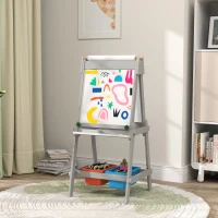 AIYAPLAY Cavalete para Crianças 3 em 1 Ardósia Dupla com Rolo de Papel Apagador e Caixas de Arrumação 51x50x108 cm Cinza(m-10)