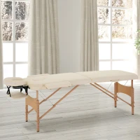 HOMCOM Massagetisch, klappbare Massageliege, höhenverstellbare Massagebank für Spa, Salon, Kunstleder, Holz, Cremeweiß(m-10)