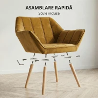 HOMCOM Fotoliu Tapitat, Fotoliu Cu Accente, Design Nordic, Efect De Catifea, până la 120 kg, picioare din lemn de cauciuc, Galben(m-5)