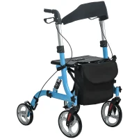 HOMCOM 4 Wheel Rollator with Seat and Back, Lightweight Folding Mobility Walker with Large Wheels, Carry Bag, Adjustable Height, Aluminium Walking Frame with Dual Brakes for Seniors, Blue(m-1)
