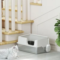 PawHut Lettiera per Gatti con Bordi Rialzati, Vassoio e Paletta, in Acciaio Inox e PP, 60x40x28 cm, Grigio Chiaro(m-8)