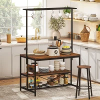 HOMCOM Estante de Cozinha com Tomada de Corrente Estilo Industrial com Prateleiras Ganchos Móvel Auxiliar 116x70x182 cm Marrom Rústico(m-10)