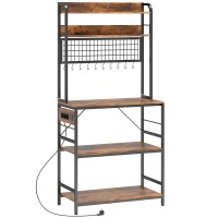 HOMCOM Raft de Bucătărie cu Stație de Alimentare și Rafturi Reglabile, Raft pentru Cuptor cu Microunde 5 Nivele cu Panou de Grilaj și 10 Cârlige, Dulap Vintage Structură din Oțel, 80x40x170 cm, Maro Rustic(m-1)