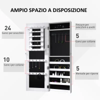HOMCOM Specchio Portagioie da Parete con Ganci e Scompartimenti in Legno, Armadietto Portagioie con Specchio per Orecchini, Collane e Anelli, 37x9.5x112 cm, Bianco(m-5)