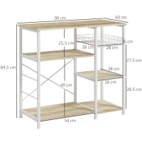 HOMCOM Mobile Cucina Moderno a 4 Ripiani con Cestino e Ganci in Legno e Acciaio, 90x40x84.5cm, Quercia e Bianco(m-3)