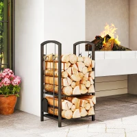 Outsunny Portalegna da Interno ed Esterno Rialzato a 2 Ripiani, Porta Legna da Ardere in Metallo con Paletta, Scopa, Attizzatoio e Pinza, Capacità 100 kg, 40x30x74.5 cm, Nero(m-10)
