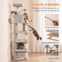 PawHut Arranhador para Gatos 204 cm Multinível com 2 Tocas Rede 2 Camas Postes de Sisal e Escada Cinza Claro(m-7)