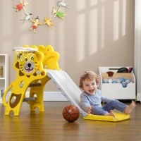 AIYAPLAY Escorrega para Crianças 2 em 1 com 2 Degraus Cesta de basquetebol e Desenho de Leão para Interior 131x50x74 cm Amarelo e Cinza(m-2)