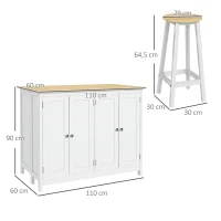 HOMCOM, Insulă de bucătărie cu 2 taburete, blat de lucru rabatabil, 2 dulapuri cu 4 uși, design modern, alb(m-3)