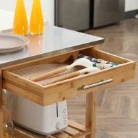 HOMCOM Carrello da Cucina in Bambù con Piano in Acciaio Inox, Cassetto e Mensole a Doghe, Legno(m-7)