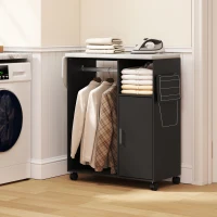 HOMCOM Dulap pentru călcat cu blat cu aspect de in, 3 rafturi cub și suport, 127x42,5x99 cm, negru(m-10)