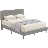 HOMCOM Cadre de Lit 140 x 190 cm avec Sommier et Tête Réglable, Lit Double Rembourré en Lin, Rangement au-dessous, Gris(m-17)