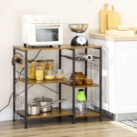 HOMCOM Estante de Cozinha Estilo Industrial com Tomada Elétrica Prateleiras Ajustáveis Ganchos e Cesta Metálica 90x40x83 cm Marrom Rústico(m-2)