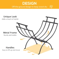 Outsunny Metal Firewood Log Holder Indoor Outdoor Folding Firewood Rack Fireplace Wood Storage Shelf w/ Handles, Black, 60W x 35D x 45Hcm(m-5)