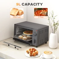 HOMCOM Mini Oven, 9L Countertop Electric Grill, Toaster Oven with Adjustable Temperature, Timer, Dishwasher Safe Baking Tray and Wire Rack, 750W, Grey(m-4)