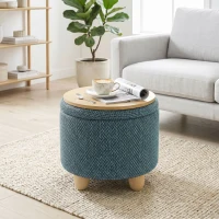 HOMCOM Storage Sitting Bench with Lid, Round Storage Ottoman with Rubberwood Legs, Dark Blue(m-14)
