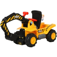 HOMCOM 4 en 1 Excavadora Juguete para Niños +18 Meses Tractor Infantil con Pala Caja Oculta de Almacenaje Aro de Baloncesto Volante Giratorio 98x30x46 cm Amarillo(m-10)