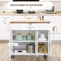 HOMCOM Cărucior de bucătărie cu roți Insulă de bucătărie cu 2 sertare 3 uși din sticlă securizată suport prosop 124,5x39,5x90 cm Alb(m-5)