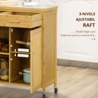 HOMCOM Cărucior de bucătărie din bambus, Cărucior multifuncțional, Cărucior de servire, 2 sertare, 1 dulap,  2 rafturi, Natural(m-7)
