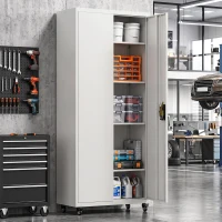HOMCOM Armário de Ferramentas em Aço 180 cm com Rodas Amovíveis, Prateleiras Ajustáveis e Carga até 250 kg para Garagem Branco(m-11)