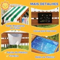 Outsunny Caixa de Areia para Crianças de Madeira em Forma de Casa com 2 Assentos Toldo 6 Bandeirolas 2 Bandejas Removíveis Torneira e Quadro para Jardim 124x116x146 cm Madeira(m-8)