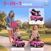 AIYAPLAY 3 in 1 Licensed Benz Ride on Push Car with Handle, Canopy, Guardrails, Horn, Music, Storage for 12-36 Months, Pink(m-4)