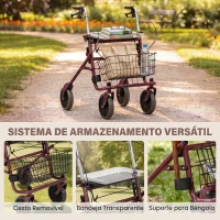 HOMCOM Andarilho Dobrável para Idosos com Assento 4 Rodas Altura Ajustável Travões de Mão Cesto Suporte de Bengala, Vermelho(m-6)