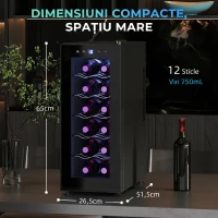 HOMCOM Frigider pentru 12 sticle cu Control Dublu al Temperaturii, Rafturi Reglabile și Iluminare, Negru(m-3)
