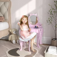 ZONEKIZ Kids Vanity Table with Mirror, Stool, Drawer, Storage Boxes, Cat Design, for Ages 3-6 Years - Pink(m-2)