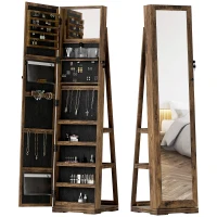 HOMCOM 360° Swivel Jewellery Cabinet, Free Standing Full Length Mirror with Storage, Lockable Jewellery Organiser with Built-in Makeup Mirror and Storage Shelves for Bedroom, Rustic Brown(m-11)