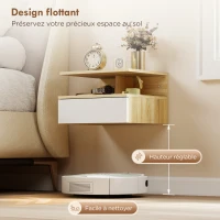 HOMCOM Lot de 2 tables de chevet murales, tables de nuit suspendues avec tiroir, étagère ouverte, 35x32x22,5cm, blanc et chêne(m-5)
