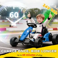 AIYAPLAY 24V Electric Go Kart, Drift Kart with Adjustable Seat, Slow Start, 5-Point Harness, Music, for 6-12 Years, Blue(m-5)