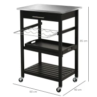 HOMCOM Carucior de Servire, carucior pentru bucatarie cu raft pentru sticle, 60L x 40l x 85h cm, blat din inox, negru(m-3)