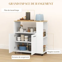 HOMCOM Desserte de cuisine à roulettes, Îlot central cuisine avec plan de travail et étagère réglable, 75x40x80,5cm, blanc(m-4)