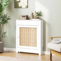 HOMCOM Cache-Radiateur avec Placard Rabattable et Porte en Rotin, Couvercle de Radiateur en Bois avec Compartiment, Blanc(m-8)
