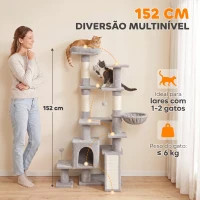 PawHut Árvore Arranhadora para Gatos 152 cm Multinível com Casinha Rede Cama Escada Arranhadora 4 Postes de Sisal e Bolas Cinza Claro(m-4)
