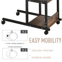 HOMCOM Masă auxiliară cu role, reglabilă pe înălțime, compactă, 2 rafturi, cadru metalic, 80x40x72-82 cm, Maro/Negru(m-4)