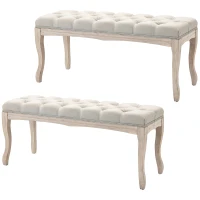 HOMCOM Lot de 2 banc Banquette capitonnée Style Classique 110 cm Bout de lit Rembourrée en lin piètement Bois hévéa sculpté(m-11)