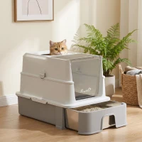 PawHut Bac à Litière pour Chat en Inox, Tiroir Coulissant, Couvercle Amovible, Pelle, Sacs Filtrants，Pédale, 60x40x45cm, Gris(m-16)