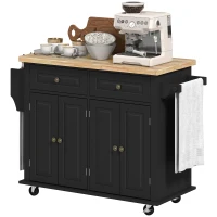 HOMCOM Ilha de Cozinha com Rodas 2 Gavetas 4 Portas Suporte para Temperos e Barra Lateral 111x44,5x82,5 cm Preto e Madeira(m-11)